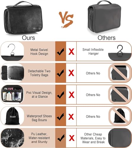 Elviros Hanging Toiletry Bag Removable Travel Bag PU leather Makeup Cosmetic Organizer Kit, Black | Removable Travel Organizer Bag for Cosmetics, Toiletries, Makeup Tools, and Daily Essentials with Easy Carry Design - color: Black, size: 1 Pack