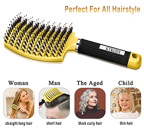 KTKUDY Detangling Brush Boar Bristles Hairbrush Make Hair Shiny & Healthier Curved and Vented Detangler Brush for Women Men Kids Wet and Dry Hair (Yellow) - color: Yellow