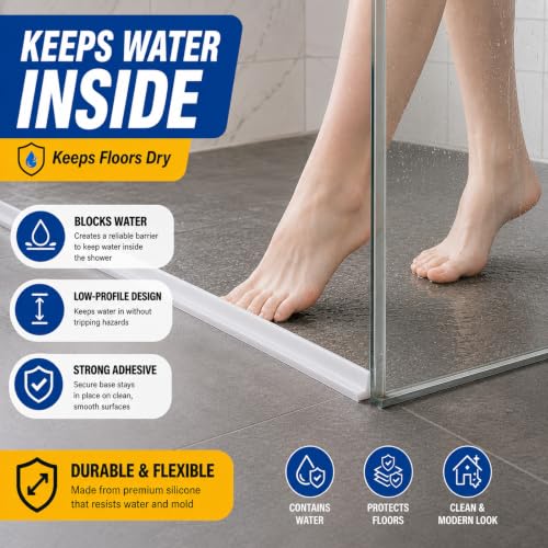 Silicone Shower Threshold Water Dam, Kitchen Sink Splash Guard, Shower Barrier Water Dam(118inch) | Flexible peel-and-stick water barrier for shower thresholds, sink edges, and countertops; 118 x 0.79 x 0.47 in - color: Transparent, style: 98Inch