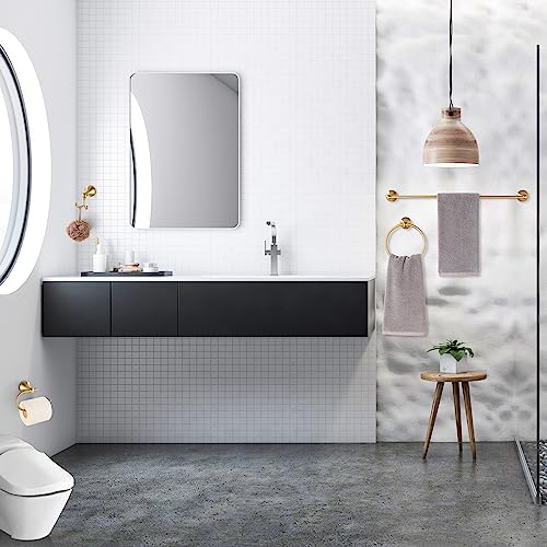 4 Pcs Gold Bathroom Hardware Set - Brushed Brass Gold Bathroom Accessories Kit, Stainless Steel Wall Mounted 23.6 Inch Towel Bar | Towel Hook | Toilet Paper Holder | Hand Towel Holder - color: Gold