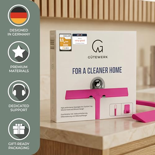 GÜTEWERK Silicone Shower Squeegee for Glass Doors & Mirrors with Stainless Steel Core, Streak-Free & No-Squeak Window Cleaning, 3-in-1 No-Drill Mount (Hook/Suction/Adhesive),Pink, 11 Inches - color: Pink, size: 11 Inches