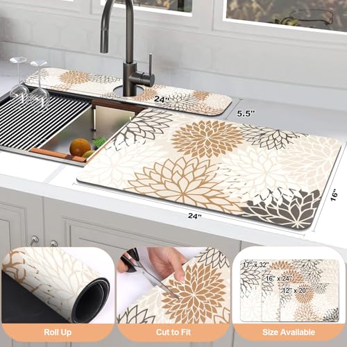 Findosom 2PCS 16" x 24" Dish Drying Mat & 24" x 5.5" Sink Splash Guard, Super Absorbent & Cuttable Dish Mat Drying Kitchen Mat with Brown Floral, Hide Stain Drying Mat for Kitchen Counter - color: Brown, size: 16" X 24" + 24" X 5.5"