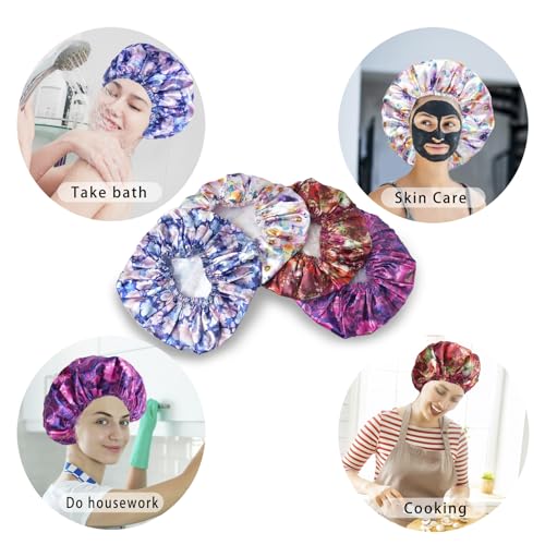 4 PCS Shower Cap for Women, Elastic and Reusable Bath Caps, Double Layers Shower Caps Reusable Waterproof, Bathing Shower Caps, Environmental Bath Hair Protection Cap - Printing Flower D - color: Printing Flower D