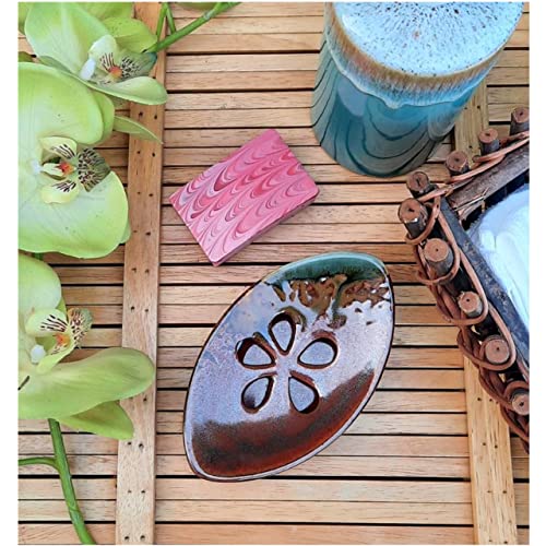 Ceramic Soap Dish with Self Draining Tray for Bathroom, Kitchen (Reddish Brown) 6.25 x 3.75 x 1 inches (LxWxH) 1111 LungMongKol Shop 016 - color: Reddish Brown