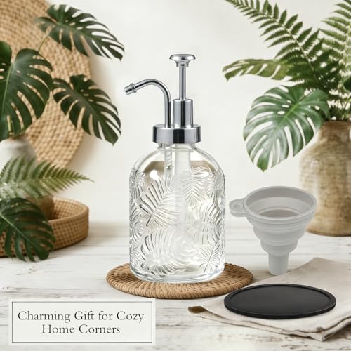 11.8Oz Vintage Glass Bathroom Soap Dispensers with Silver Pump, Refillable Kitchen Dish Soap Dispenser with Embossed Leaf, Modern Farmhouse Hand Soap Liquid Bottle -2 Pack - color: Clear/White Silver, size: 2Pack