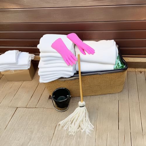 Miniature Cleaning Set: Mop, Bucket & Rubber Gloves for Dollhouse Scenes