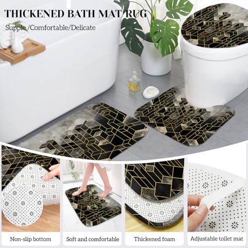 Lnond Black Bathroom Set, Black Abstract Cubes Bathroom Accessories Sets Complete, Luxury Restroom Set with Shower Curtain and Rugs, Trash Can, Toilet Brush Holder Set & Soap Dispenser - style: Black