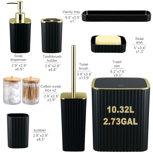 9PCS Black and Gold Bathroom Accessories Set with Bathroom Trash Can, Toilet Brush,Soap Dispenser, Q-Tip Holder | Modern Home Bath Essentials - color: Black&gold, size: 9-Piece Bath Set