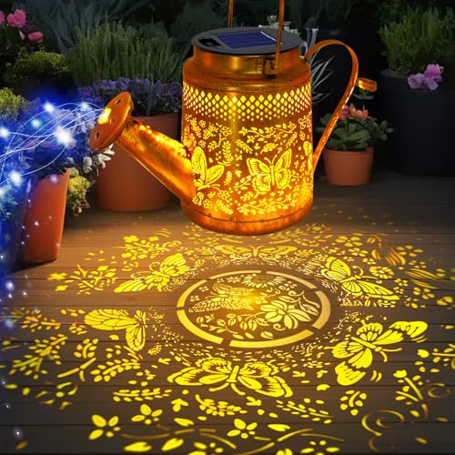 ANGMLN Butterfly Solar Lights Outdoor Waterproof, Solar Watering Can Lights with Shepherd Hook, Metal Hanging Lantern Garden Decor Yard Outside Patio Lawn, Gifts for Mom Grandma Women Birthday - color: Butterfly