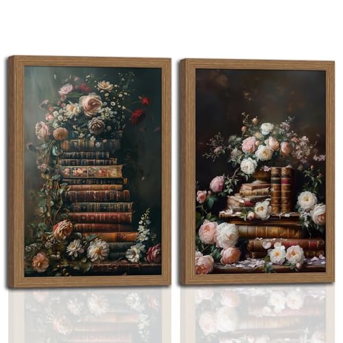 2Pcs Framed Vintage Floral Wall Art Moody Flowers Books Painting, Vintage Wildflowers Dark Academia Floral Gallery Wall Decor Picture, Rustic Country Canvas Decor for Living Room gallery Office 16x24in - color: Black Dark Classical Flower, size: 16x24 Inc