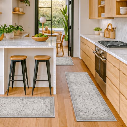 JTJ 3 Piece Kitchen Rug Set with Runner, Vintage Distressed Washable Kitchen Mats, Non Slip Low Pile Floor Rugs for Sink Area, Farmhouse Entryway, Laundry Room & Hallway, Light Grey Beige - color: Light Gray / Sage