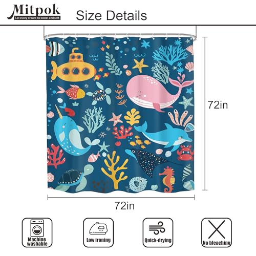 4 PCS Navy Blue Kids Bathroom Set Summer Ocean 72Wx72H Shower Curtain Set, Bath Rug Toilet Lid Cover Nonslip U Shape Mat Whale Funny Cartoon Cute Aniaml Accessories 12 Hooks Bathroom Decor - color: A 02 Navy, size: 72"W x 72"L (Pack of 4)