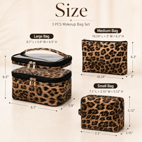 3PCS PU Leather Makeup Bag, Large Travel Cosmetic Pouch, Cute Toiletry Organizer for Women, Set of 3 - color: Brown-3pc