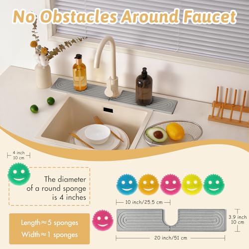 Stone Faucet Mat For Kitchen Sink, 20" Diatomite Fast Drying Stone Kitchen Sink Mat, Super Absorbent, Sink Stone Quick Dry Around Faucet, Stone Sink Splash Guard For Bathroom, Zen Gift, Light Grey - size: 20" x 3.9"
