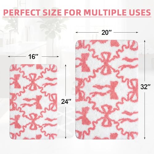 Arttown Cute Pink Bow Bathroom Rug Set 2 Piece White Fluffy Microfiber Non-Slip Water Absorbent Bath Mat Soft Washable Floor Rug for Tub Showers Laundry Room Decor (16"x24"+20"x32") - color: Pink Bow