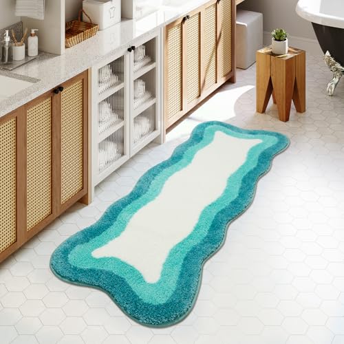 HAOCOO Aqua Blue Gradient Scalloped Runner Rug, 24x59 Inch Irregular Shape Bath Rug,Washable Absorbent Bathroom Runner Rug for Bedroom Bathtub Sink Shower - color: Aqua Blue, size: 4'11" x 2' (Irregular)