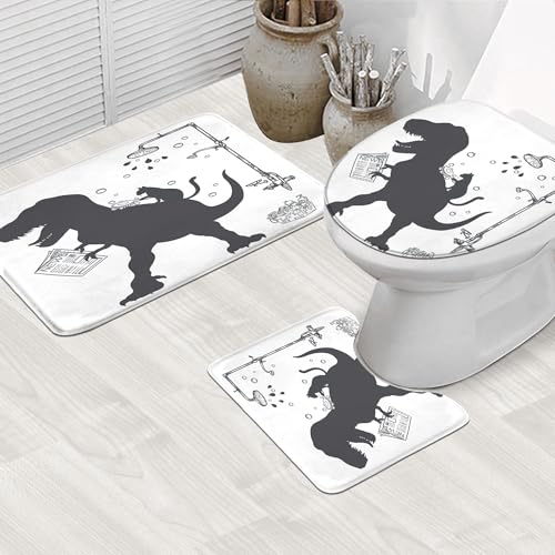 4PCS Dinosaur 71Wx71H Inches Funny Cute Kids Boys Animal Shower Curtain Sets with Rugs, Toilet Lid Cover and Bath Mat, Silhouette Shadow Bath Accessories Art Home Decor Fabric 12 Pack Hooks - color: A3-dinosaur Cat