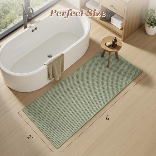 AMOAMI Unique Woven Bathroom Runner Rug, Super Absorbent Non Slip Bath Mats for Bathroom Textured Bathroom Mat Quick Dry Boho Rugs Runners for Hallyways Kitchen Bedroom Beside Tub, 2' x 6', Sage - color: Sage, size: 2' x 6'