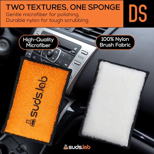 Suds Lab DS Detailing Scrub Sponge – Microfiber Scrub Pad for Car Detailing, Two Textures for Polishing & Scrubbing, Durable & Absorbent, Multi-Surface Use, Washable & Reusable – 6 Pack, Orange - size: Set of 6