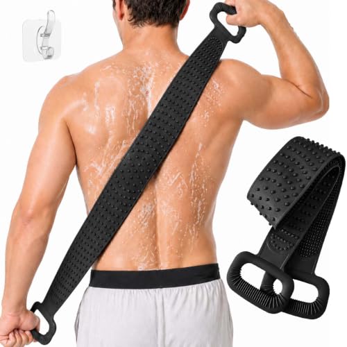 Manmihealth Silicone Back Scrubber for Shower, 36'' Extendable Back Washer with Long Strap Handle, Dual-Sided Silicone Body Brush for Men and Women(Black) - color: Black
