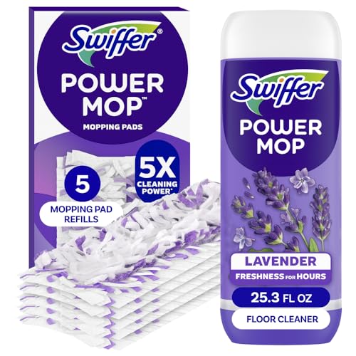 Swiffer Power Mop Refill Pack, Floor Cleaner for Mopping Tile, Vinyl, Laminate, Wood in Home, Bathroom, Kitchen, All Purpose Multi-Surface Cleaning, 5 Pads + 1 Lavender Solution - size: 25.3 Fl Oz (Pack of 1)