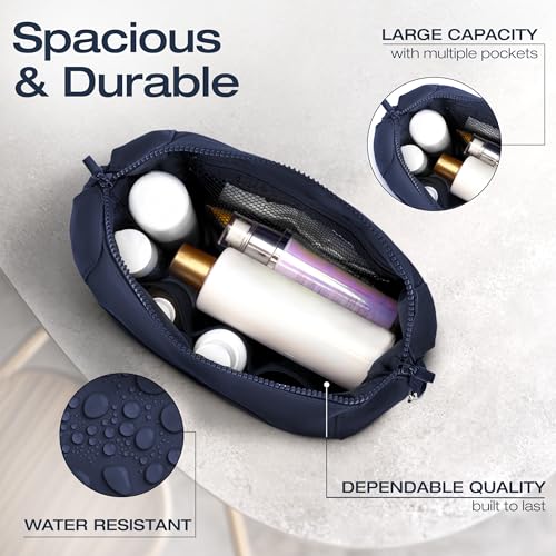 KAZAY Expandable Toiletry Bag with Side Clips for Adjustable Sizing, Premium High-Density Nylon, Open Wide Zipper, Stylish, Water Resistant, Cosmetic Bag, Makeup Bag, Full-Size Bottles, Unisex (Navy) - color: Navy