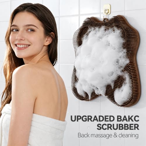 OZNER Silicone Shower Foot Scrubber Mat,Back Washer Bath Wash Pad Exfoliating & Massage, Wall Mounted Slip Strong Suction Cups for Use in Cleaner Men and Women (Brown) - color: Brown