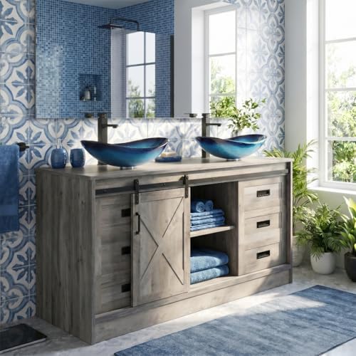 48 inch Barn Door Bathroom Vanity with 6 Drawers, Farmhouse Style Standing Pedestal Cabinet with Two Blue Boat Glass Vessel Sinks - color: Blue Boat Glass Sink, size: 48"