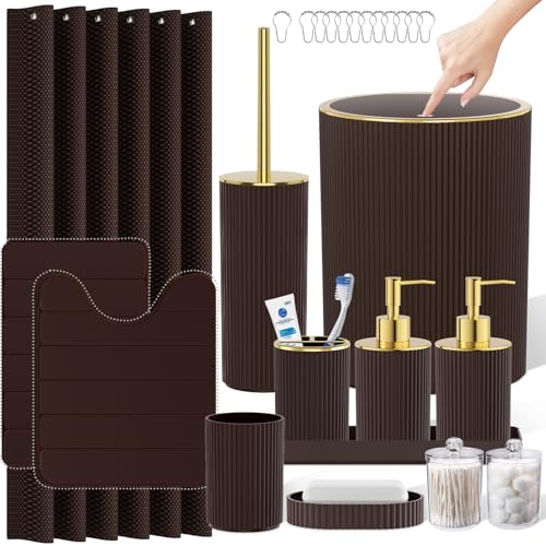 Brown Bathroom Accessories Set - Bathroom Sets, 25PC Bath Accessory Set, Bathroom Sets with Push Top Trash Can, Shower Curtain and Rugs, Toilet Brush, Trash Can & Soap Dispenser - color: Brown & Gold, size: 25-Piece Set (Accessories + Shower Curtain + Rug