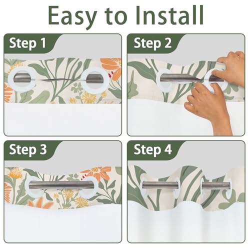 Floral No Hook Shower Curtain and Liner Set 71 x 74 Inch | Boho Sage Green and Orange Flower, Waterproof Bath Curtain for Modern and Matisse Bathroom, Hotel Decor, Breathable Mesh Top - color: Green and Orange