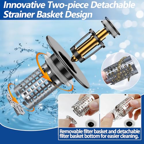 Bathroom Sink Drain Strainer(2PCS), Pop-up Sink Drain Strainer with Removable Stainless Steel Strainer Basket Hair Catcher, Bathroom Sink Strainer for Bathroom Sink Stopper Replacement - color: Black-2pcs