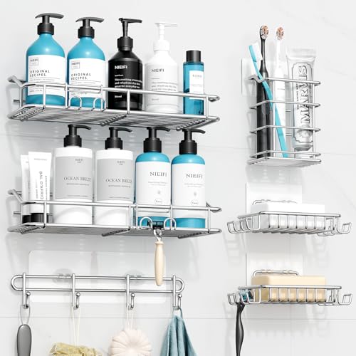 Nieifi Shower Caddy Shelf with Hooks Storage Rack Organizer Adhesive Stainless Steel without Drilling for Bathroom, Lavatory, Washroom, Restroom, Shower, Toilet, Kitchen (Sliver, 6 Pack) - color: A-Silver, size: 6 Pack