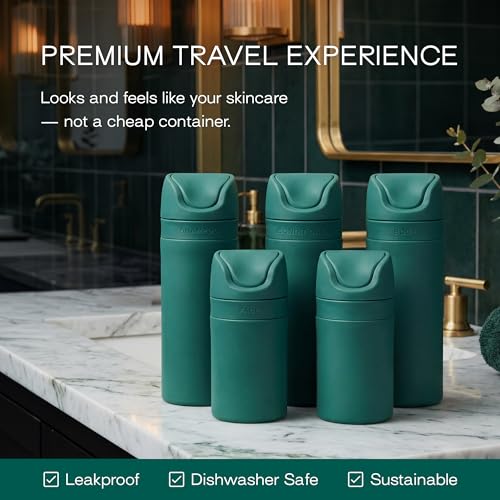 RIES Essential Refillable Toiletry Travel Bottles Airless Pump Set | TSA Approved, Leak Proof Airless Pump, BPA Free Recycled Plastic, 5 Piece Escapade Green Color Set, Dishwasher Safe - color: Escapade Green