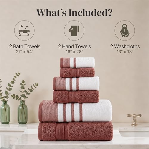 Modern Threads 6-Piece Towel Set – 100% Cotton, Quick Dry, Ultra Absorbent – Includes 2 Bath, 2 Hand, 2 Washcloths (White/Reinhart Rose) - color: Rose, style: Classic Stripe