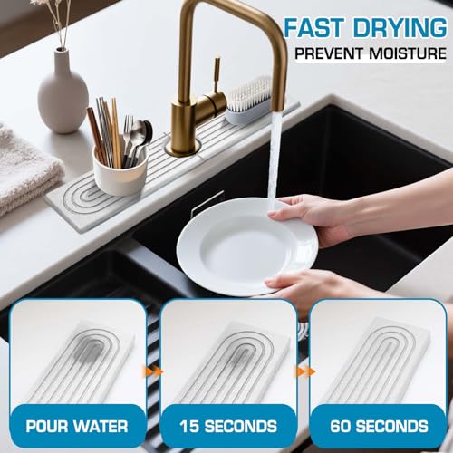 Self-Drying Stone Tray For Kitchen Sink,15.7" Water Absorbing Natura Diatomite Faucet Mat,Splash Organizer For Soap Dispenser,Sponge & Brush,Bathroom Vanity Rv Countertop Protector(White-Rectangle) - color: White-rectangle, size: 15.7" x 4"