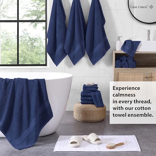 LANE LINEN Cotton Bath Towel Set - 18 Piece - Low Twist, Soft & High Absorbency - 4 Bath, 8 Wash Cloth, 6 Hand Towels - Classic Hotel Quality, Durable & Ideal for Modern Bathrooms - Navy Blue - color: 03: Navy Blue, size: 18 Piece Towel Set