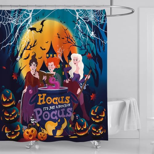 4Pcs Halloween Shower Curtain Set Hocus Pocus Witch Shower Curtain for Halloween Bathroom Decor with Anti-Slip Waterproof Bathtub Bathroom Rugs Toilet Lid Cover, 12 Hooks (Witch)