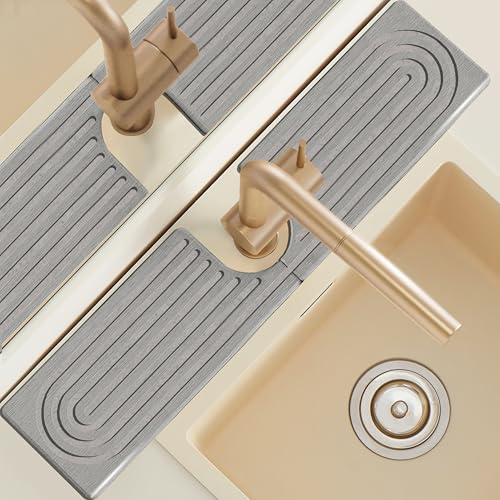 Diatomite Sink Faucet Splash Guard U Shape, 24" Large Stone Sink Tray, Modern Faucet Handle Drip Catcher Stone, Durable Faucet Draining Mat Protector for Kitchen Bathroom Island Counter, Light Grey - size: 23.6" x 3.9"