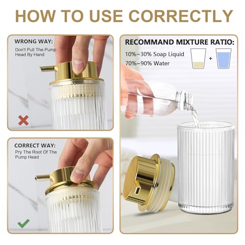 KASUNTING Foaming Soap Dispenser, 2 Pack Clear Glass Foam Hand Soap Dispenser for Bathroom & Kitchen, Refillable Foaming Pump Bottle with Gold Pump, Modern Ribbed Dish Soap Foam Dispenser with 4 Straw - color: Clear Bottle+ Gold Pump, size: Foam-2 Pack