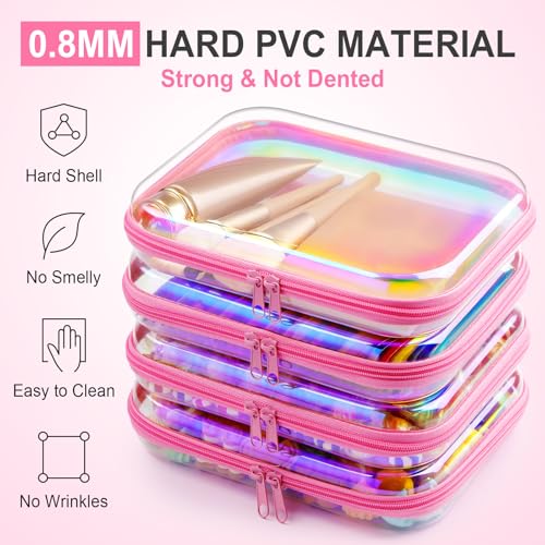 Hoolerry 4 Pcs Hard Clear Zipper Case Makeup Bags Plastic Zipper Pouch Transparent Storage Box Containers for Cosmetics, Snacks, Building Blocks, Puzzles(Clear,9.8 x 7.9 x 2 in,Pink Laser) - color: Pink Laser, size: 9.8 x 7.9 x 2 in