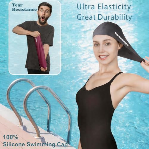 Swim Cap Long Hair 2 Pack Swimming Caps for Women Silicone Swim Caps Keep Hair Dry Waterproof Comfortable Flexible Durable Bathing Cap Tear-Proof Design Large Women Adult Swimming Cap 10+ Years Girls - color: Black & Deep wine red