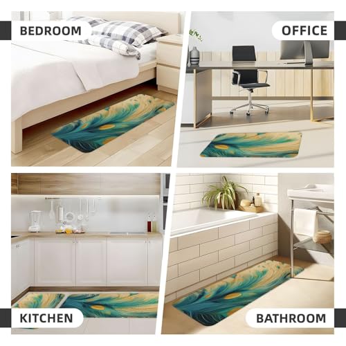 Peacock Feather Teal Blue Kitchen Rugs Mats Set of 2 Pcs Non-Slip Floor Mats Washable Runner Rugs Set for Bathroom Laundry Hallway Kichen Comfort Standing Mat - color: Peacock Feather Teal Blue