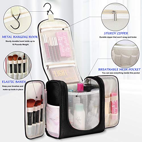 Freegrace Extra Large Hanging Toiletry Bag for Men and Women - Water-Resistant Nylon Travel Bathroom Organizer for Cosmetics, Makeup, and Toiletries - color: Snow Black