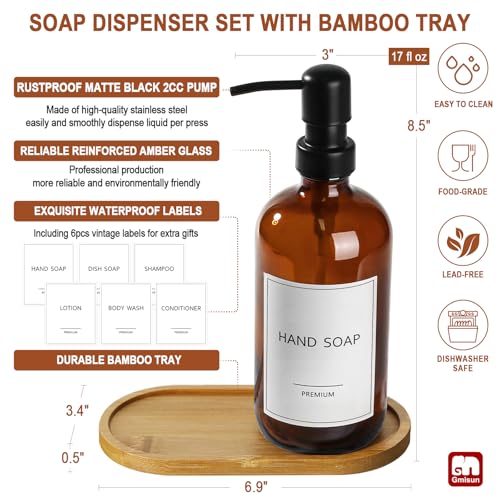 GMISUN Amber Glass Soap Dispenser, 2 Pack Bathroom Hand Soap Dispensers with Bamboo Tray, 17 Fl Oz Kitchen Hand and Dish Soap Dispenser Set, Modern Vintage Liquid Brown Soap Dispensers Bottle - color: Amber Bottle + Black Pump + Bamboo Tray, size: 2 Pack