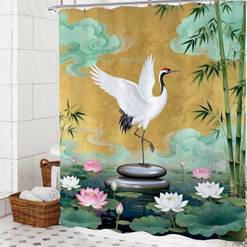 Zen Stone Spa Chinese Birds Shower Curtain Lotus Asian Bamboo Shower Curtains Set Meditation Relaxing Yoga Floral Botanical Yellow Bathtub Curtain Floarl Bathroom Decor 60x72 Inch - color: Floral Birds
