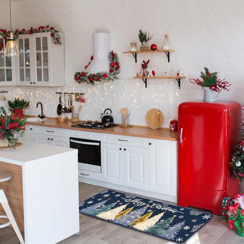 Drydiet 3 Pcs Winter Kitchen Rug and Mat Set Washable Blue Tree Kitchen Floor Mats Waterproof Non Slip Farmhouse Merry Christmas Doormat Holiday Xmas Decor for Home Office Bathroom Party Decor - color: Blue, style: Christmas Tree