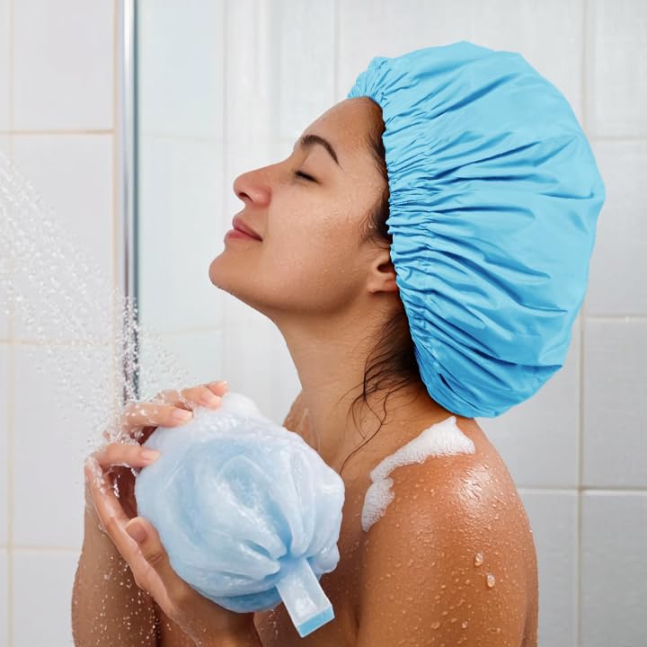 Edoneery Reusable Shower Caps for Women, Waterproof Long Hair Bonnet | Washable Design, Wide Elastic Band, Large Fit, Holds Long Hair, Braids Friendly, Bath Accessories, Spa, Travel - color: Lake Blue