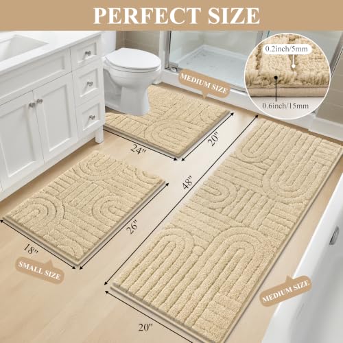 Vaukki Bathroom Rugs Sets 3 Piece, Beige Washable Non Slip Soft Bath Mats for Shower and Tub, Plush Absorbent Microfiber Toilet Rug U Shaped, 48x20+26x18+24x20 Inch - color: Beige, size: 18''x26''+20''x48''+20''x24''