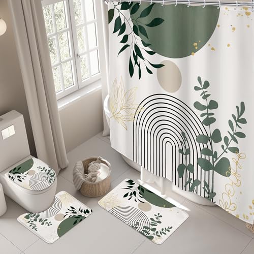 Riyidecor Boho Sage Green 4Pcs Shower Curtain Set with Toilet Lid Cover and Non-Slip Rugs, Mid Century Modern Minimalist Bathroom Decor Set，Abstract Contour and Bath Mat with 12 Hooks - color: 04sage Green