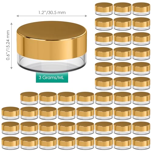 Houseables Sample Containers, Sample Jars, Lip Balm Containers, Mini Jars with Lids, Small, Empty, Makeup, Powder, Gloss, Cosmetic, Tiny, Dab, Wax, Scrub, Little, Travel, Plastic, Gold, 3 Gram, 50 PK - color: Gold, size: 50 Pack
